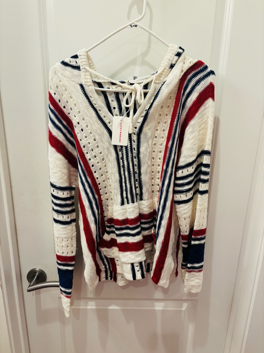 NWT Lucky Brand red, cream, and blue Striped Baja Hoodie Sweater - S